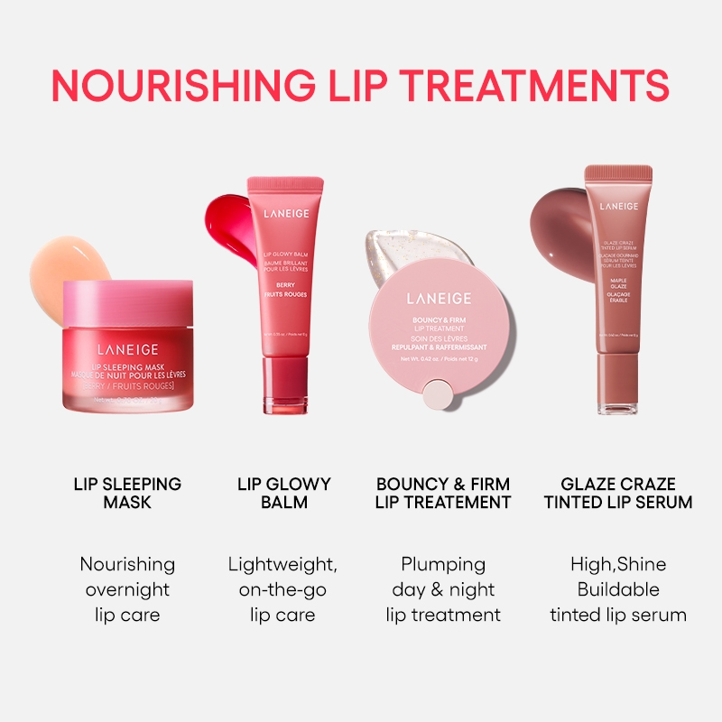 LANEIGE lip treatment comparison, Glaze Craze Tinted Lip Serum vs Lip Sleeping Mask, Glowy Balm, Bouncy & Firm