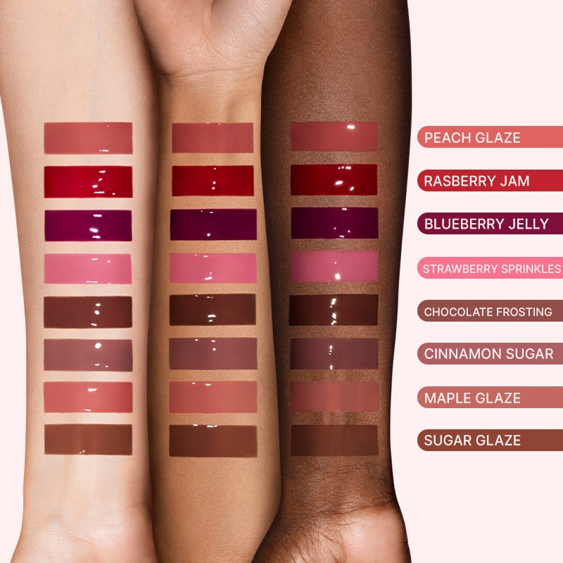LANEIGE Glaze Craze Tinted Lip Serum arm swatch chart on three skin tones, Peach Glaze shade guide