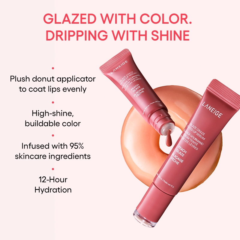 LANEIGE Glaze Craze Tinted Lip Serum Peach Glaze plush donut applicator, buildable color, 12-hour hydration
