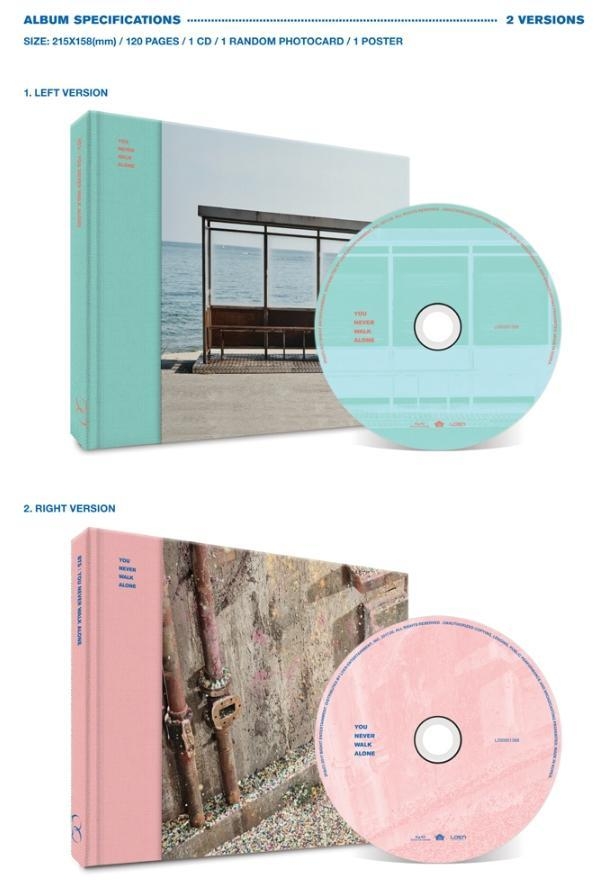 BTS You Never Walk Alone album specifications, 2 versions, 120 pages, 1 CD, photocard, poster