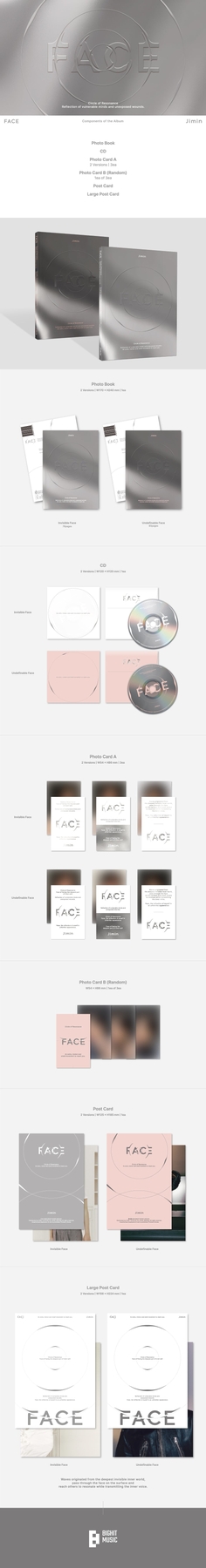 BTS Jimin FACE 1st Solo Album components, photo book, CD, photo cards, postcards