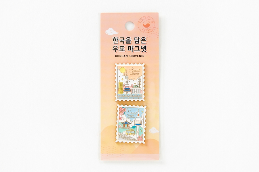Artbox Remember Seoul Stamp Magnet Pink & Blue 2-piece set on Korean Souvenir package