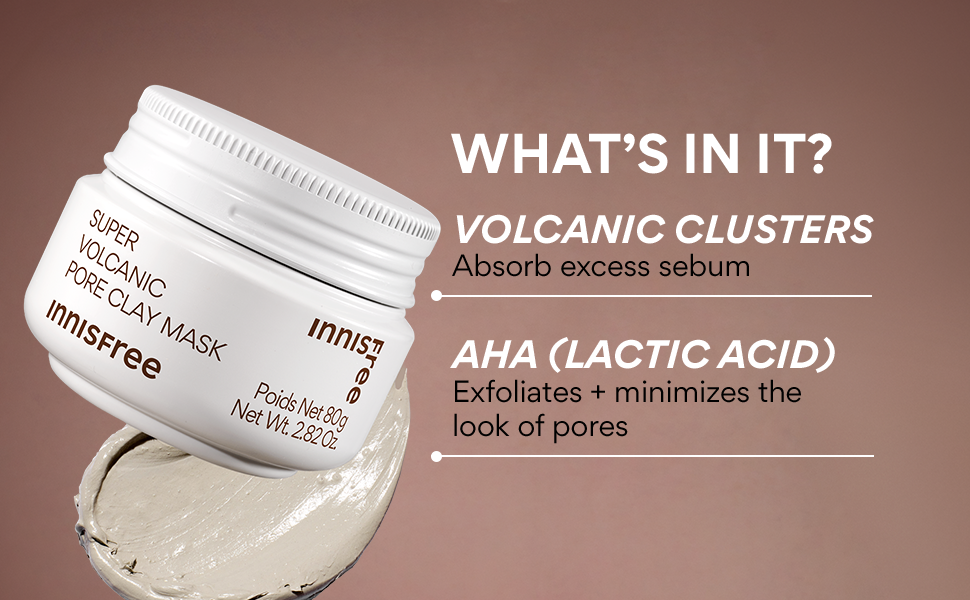Innisfree Super Volcanic Pore Clay Mask ingredients, Volcanic Clusters and AHA lactic acid