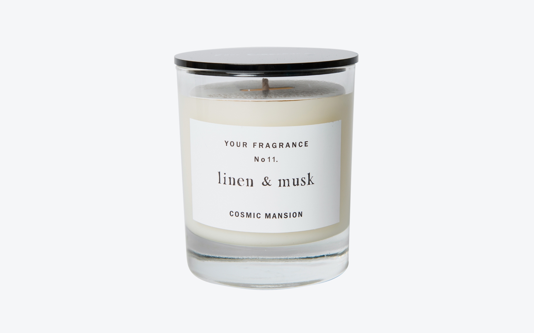 COSMIC MANSION Linen & Musk No.11 scented candle front label with black lid