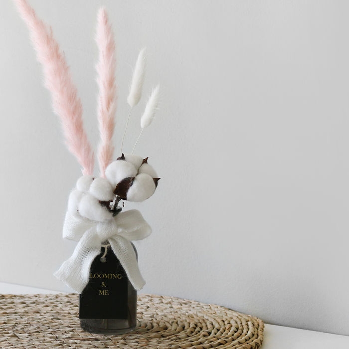 Blooming&me Clara Pampas & Cotton Glass Bottle Set pink pampas black glass with white knit ribbon