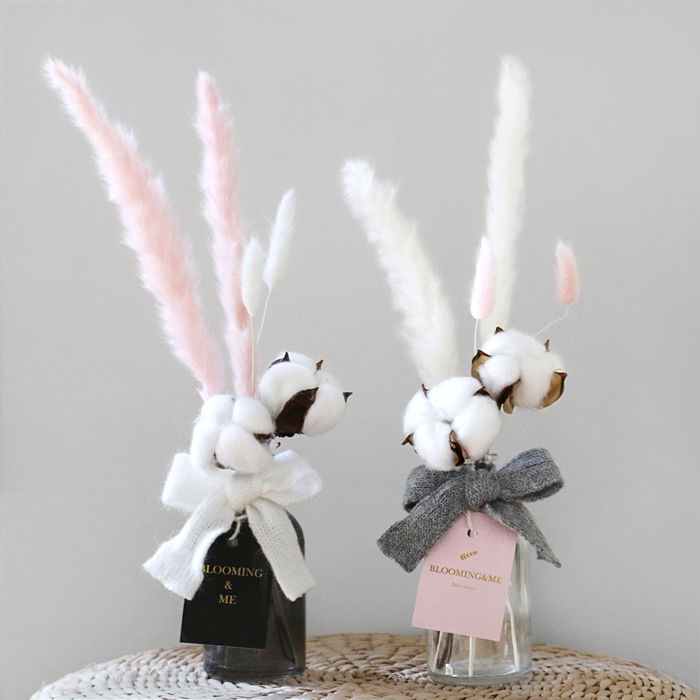 K-Lifestyle Blooming&me Clara Pampas & Cotton Glass Bottle Set pink and white pampas two options