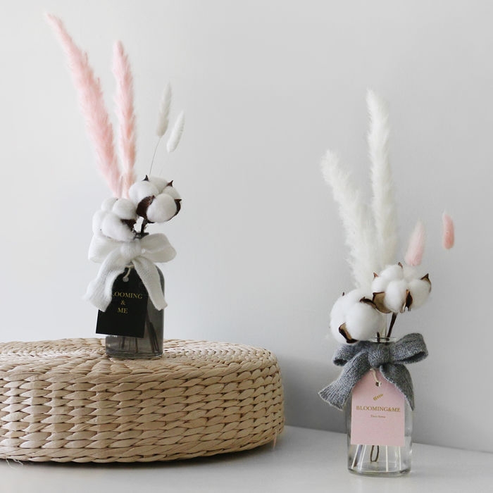 Blooming&me Clara Pampas & Cotton Glass Bottle Set black glass and clear glass options side by side