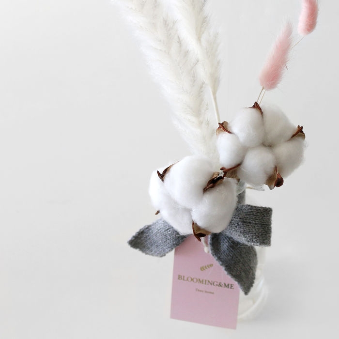 Blooming&me Clara Pampas & Cotton Glass Bottle Set white pampas clear glass cotton close-up