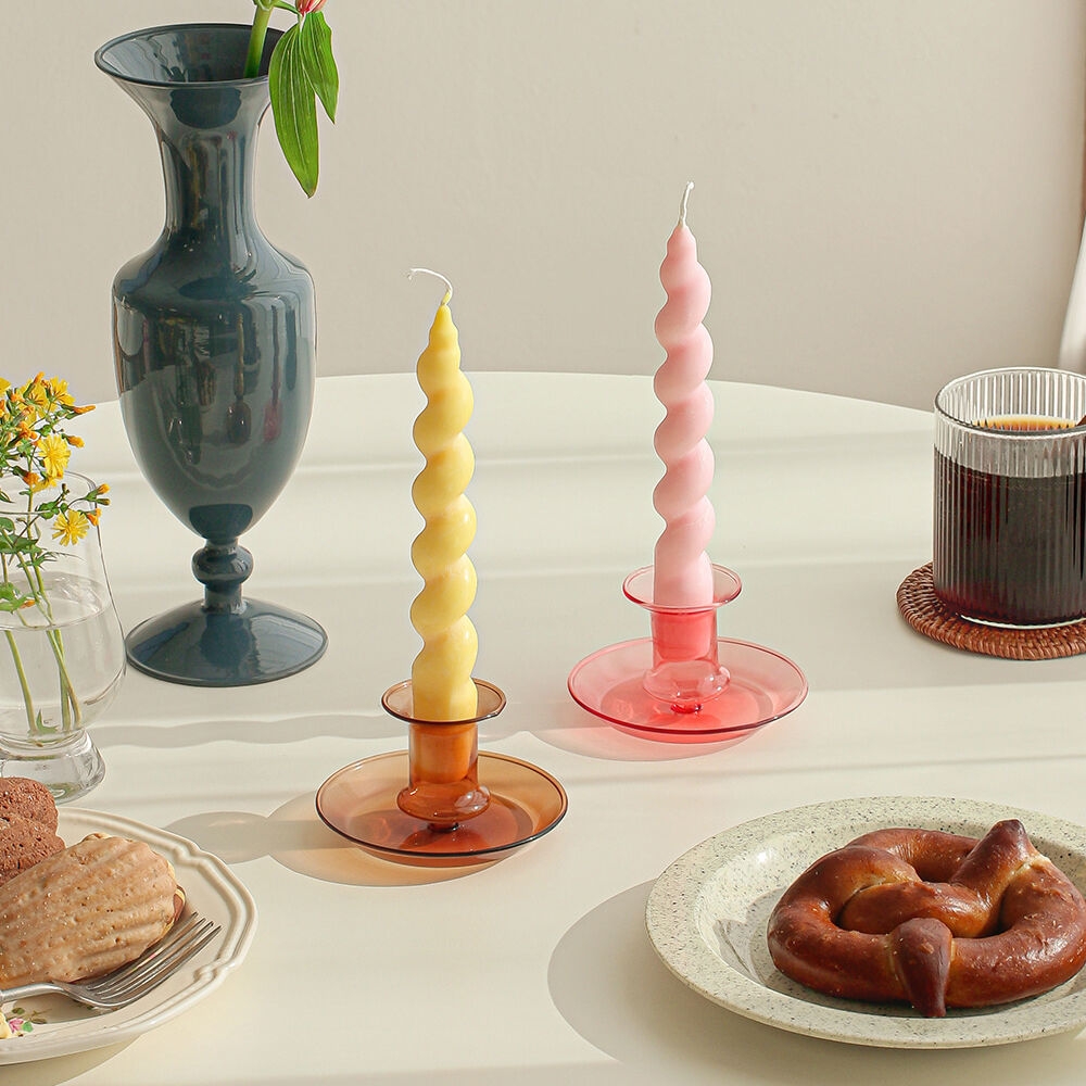livingan Glass Candle Holder Taper Candlestick in brown and pink holding spiral taper candles