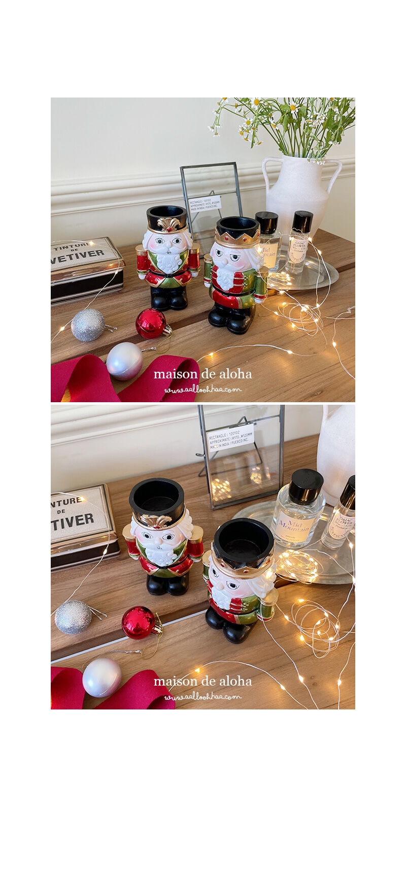 Maison de aloha Nutcracker Candle Holder open top for tealight candle, close-up views