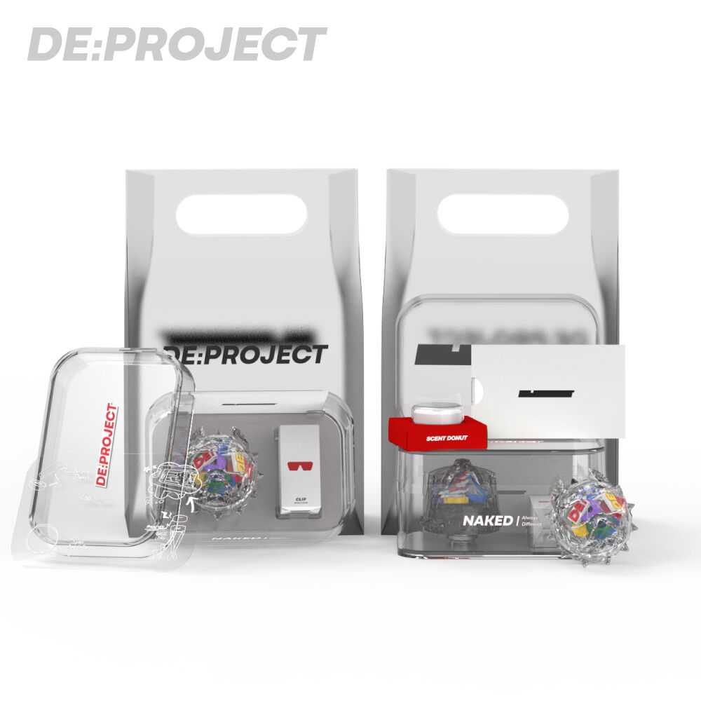 DEPROJECT Naked Dibul Bulldog Car Air Freshener package with Scent Donut and clip set contents