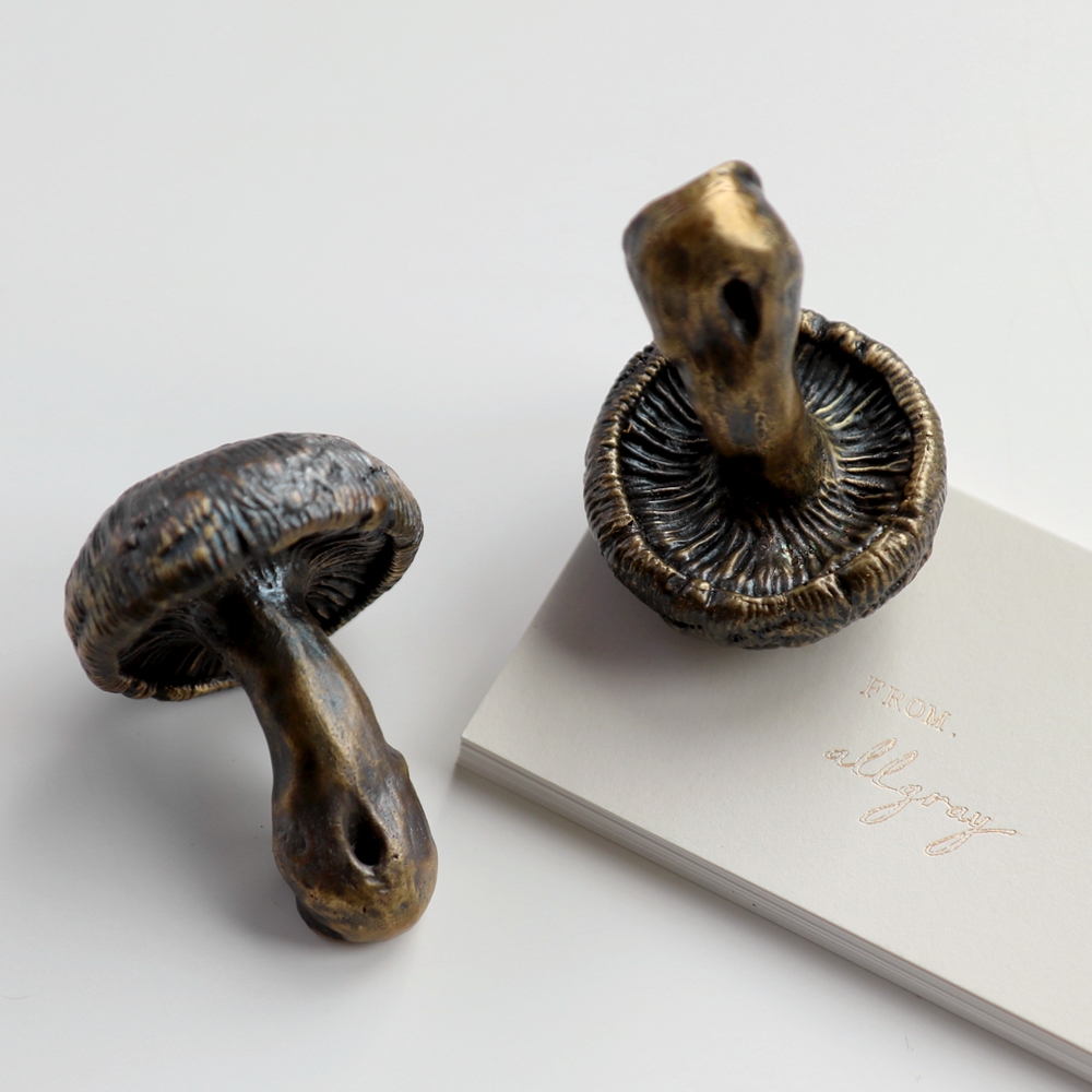ALLGRAY Mushroom Brass Incense Holder paperweight pair beside From allgray card