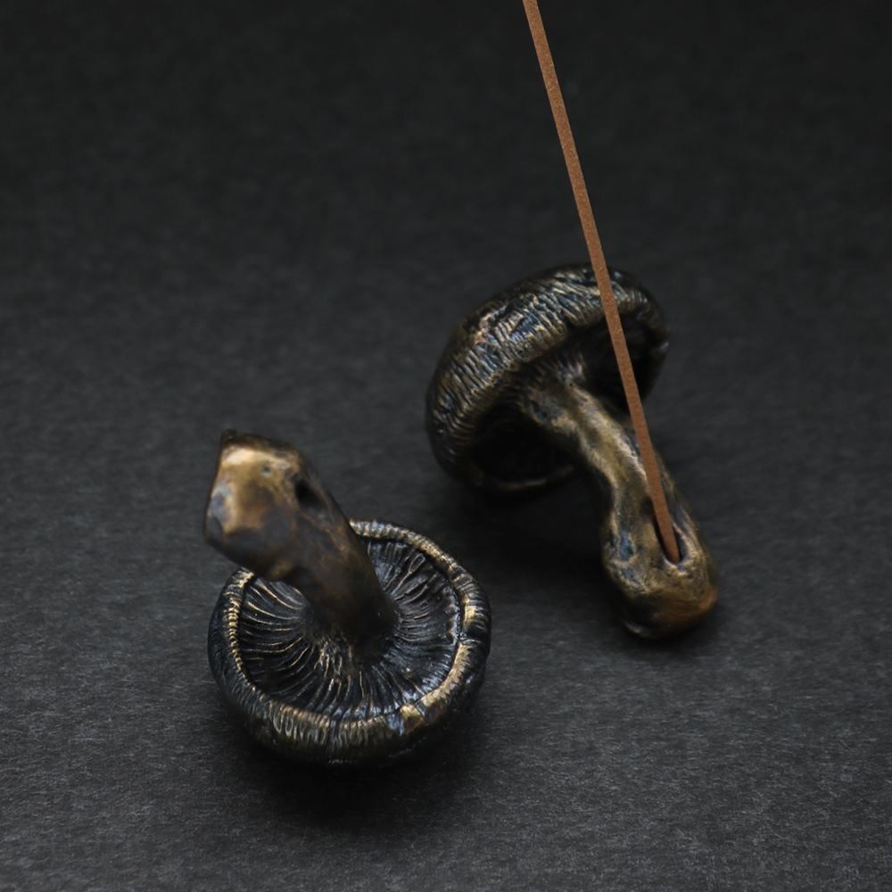 ALLGRAY Mushroom Brass Incense Holder pair with incense stick in stem hole