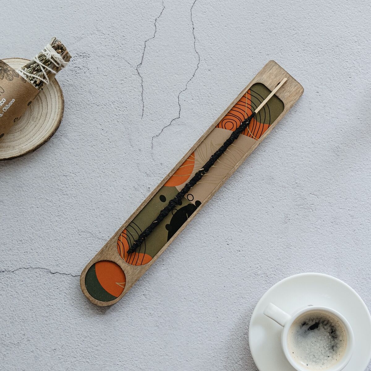 K-Lifestyle STAY POSITIVE Sagrada Madre Wood Incense Holder olive abstract design with incense stick