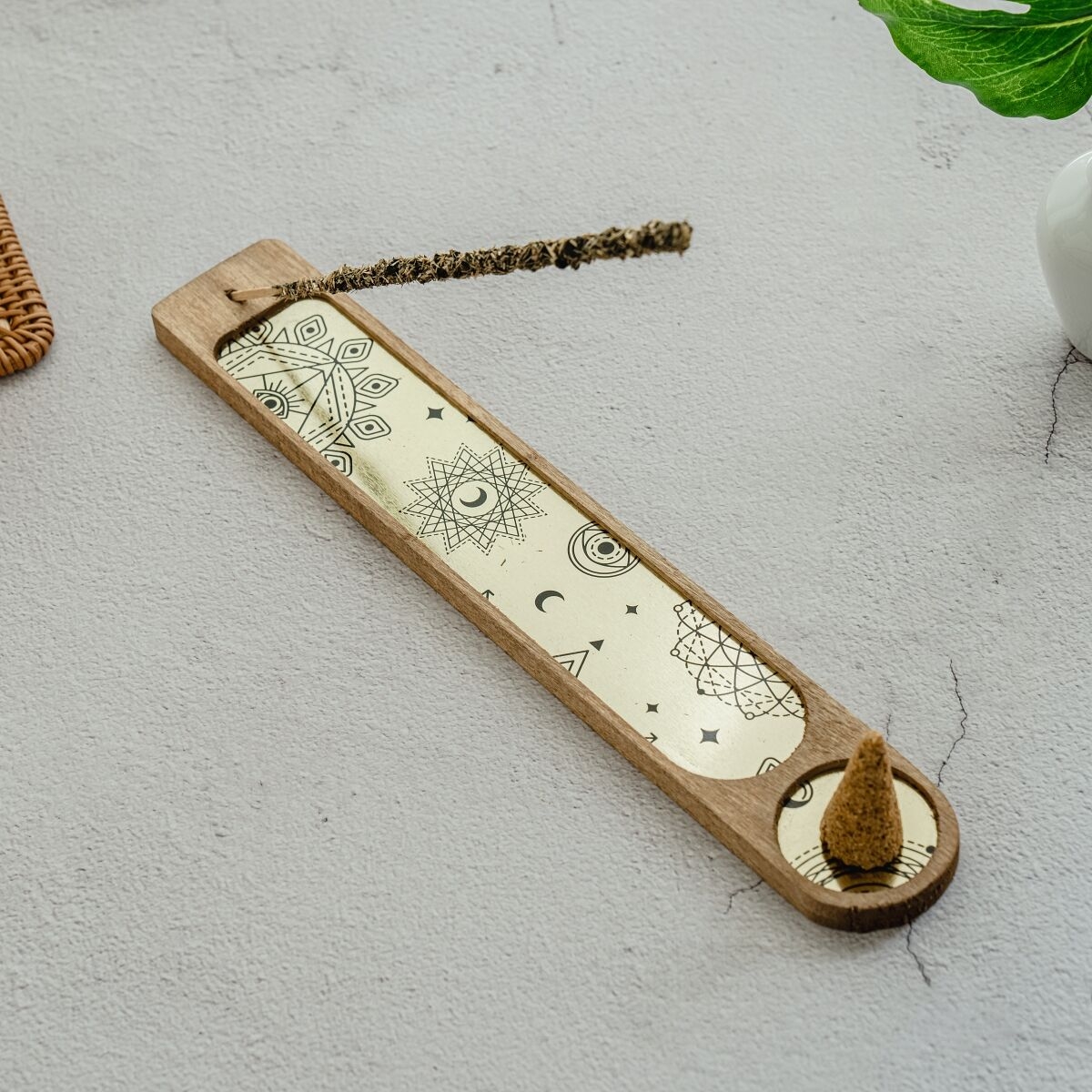 K-Lifestyle STAY POSITIVE Sagrada Madre Wood Incense Holder geometric gold design with incense cone and stick