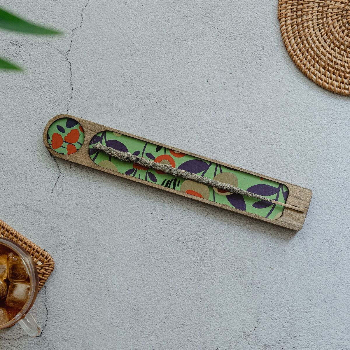 K-Lifestyle STAY POSITIVE Sagrada Madre Wood Incense Holder green floral design in use