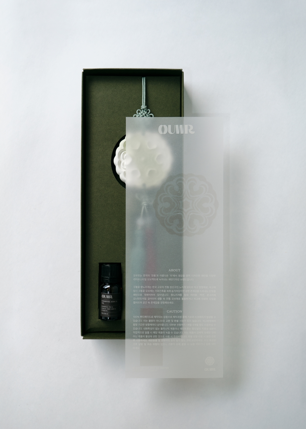 OUWR Hyangnorigae Plaster Air Freshener Aroma Oil Set P3-19 open box with about and caution sheet