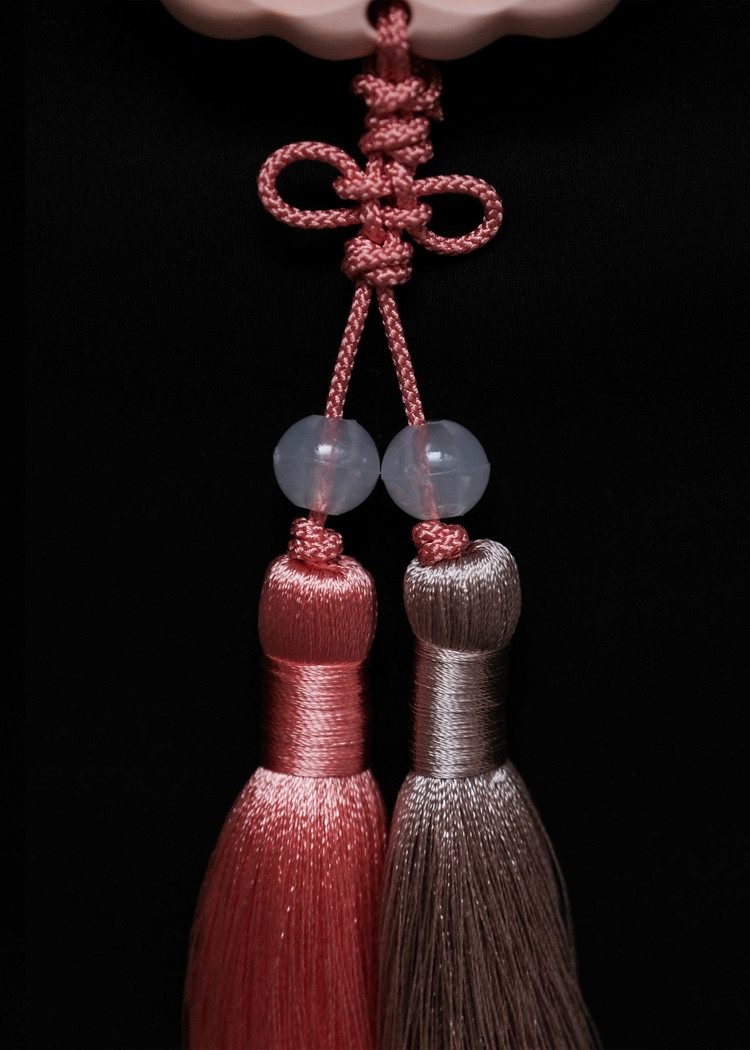 OUWR Hyang Norigae Plaster Air Freshener pink and beige tassels with beads close-up