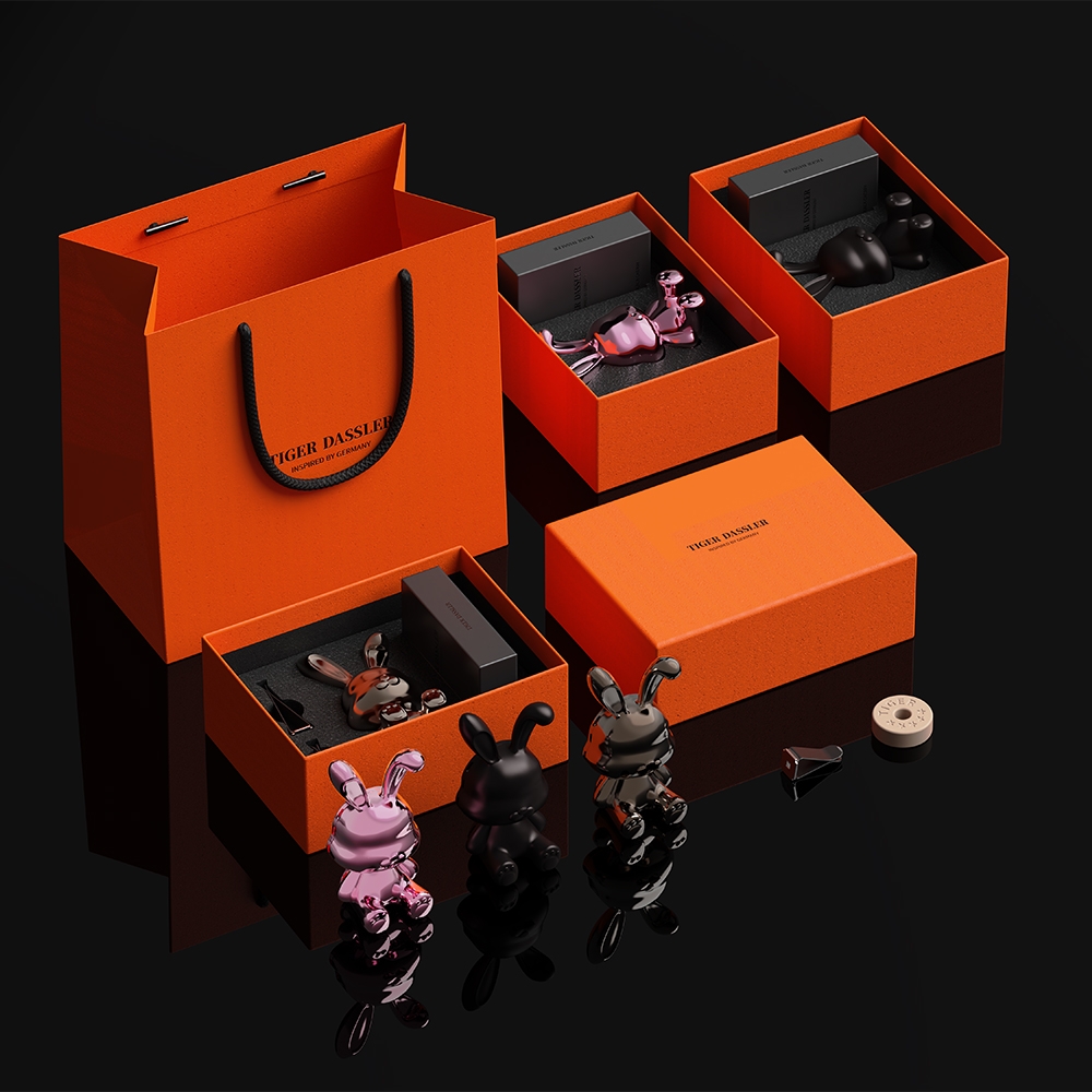 TIGER DASSLER British Bunny car air freshener gift packaging, orange gift boxes and shopping bag