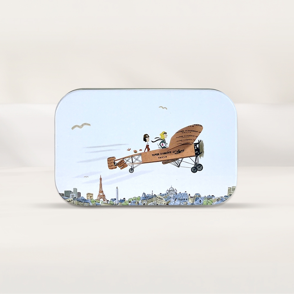 AROMACO Papier d'Armenie Paper Incense tin case biplane over Paris design lid