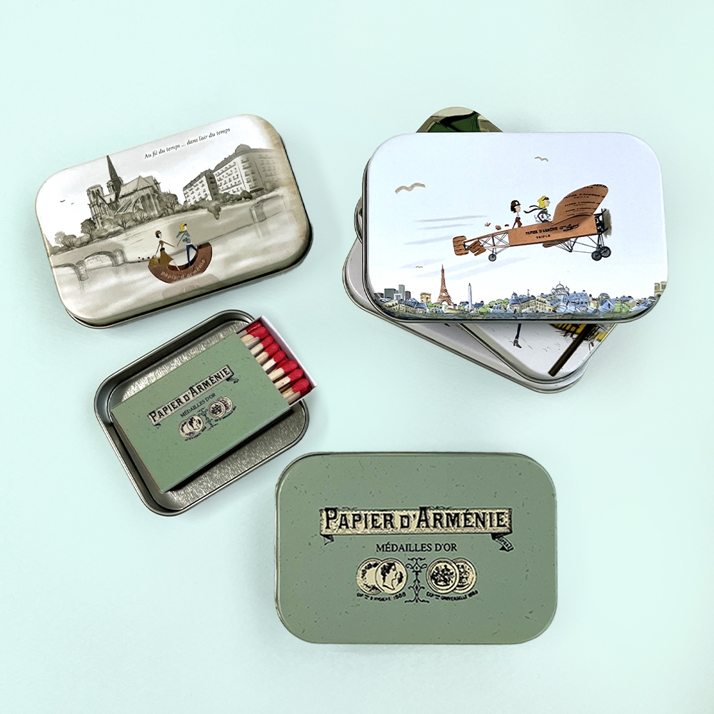 AROMACO Papier d'Armenie Paper Incense tin cases and matchbox, assorted Paris designs
