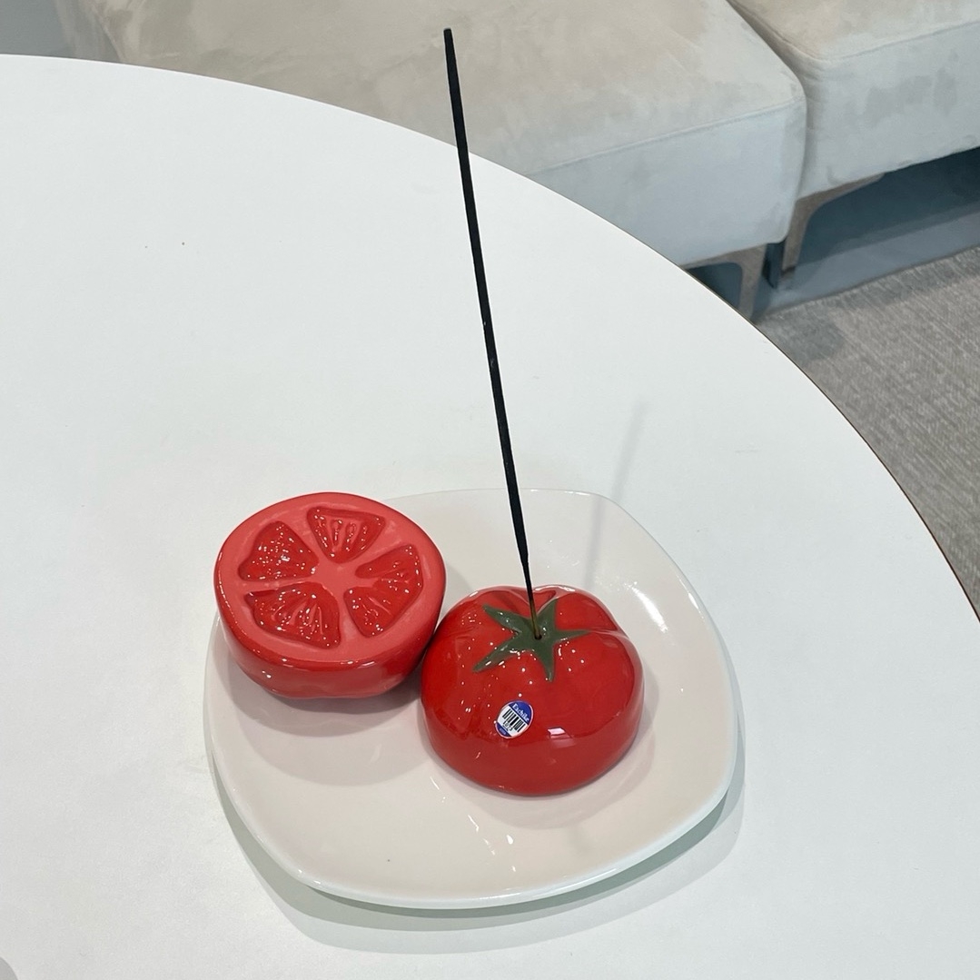 EACHIKE tomato incense holder glossy red ceramic with incense stick, sliced tomato half