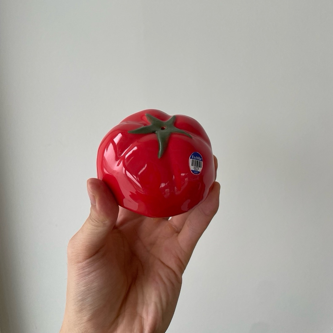 EACHIKE tomato incense holder top view with stick hole, green calyx and brand sticker