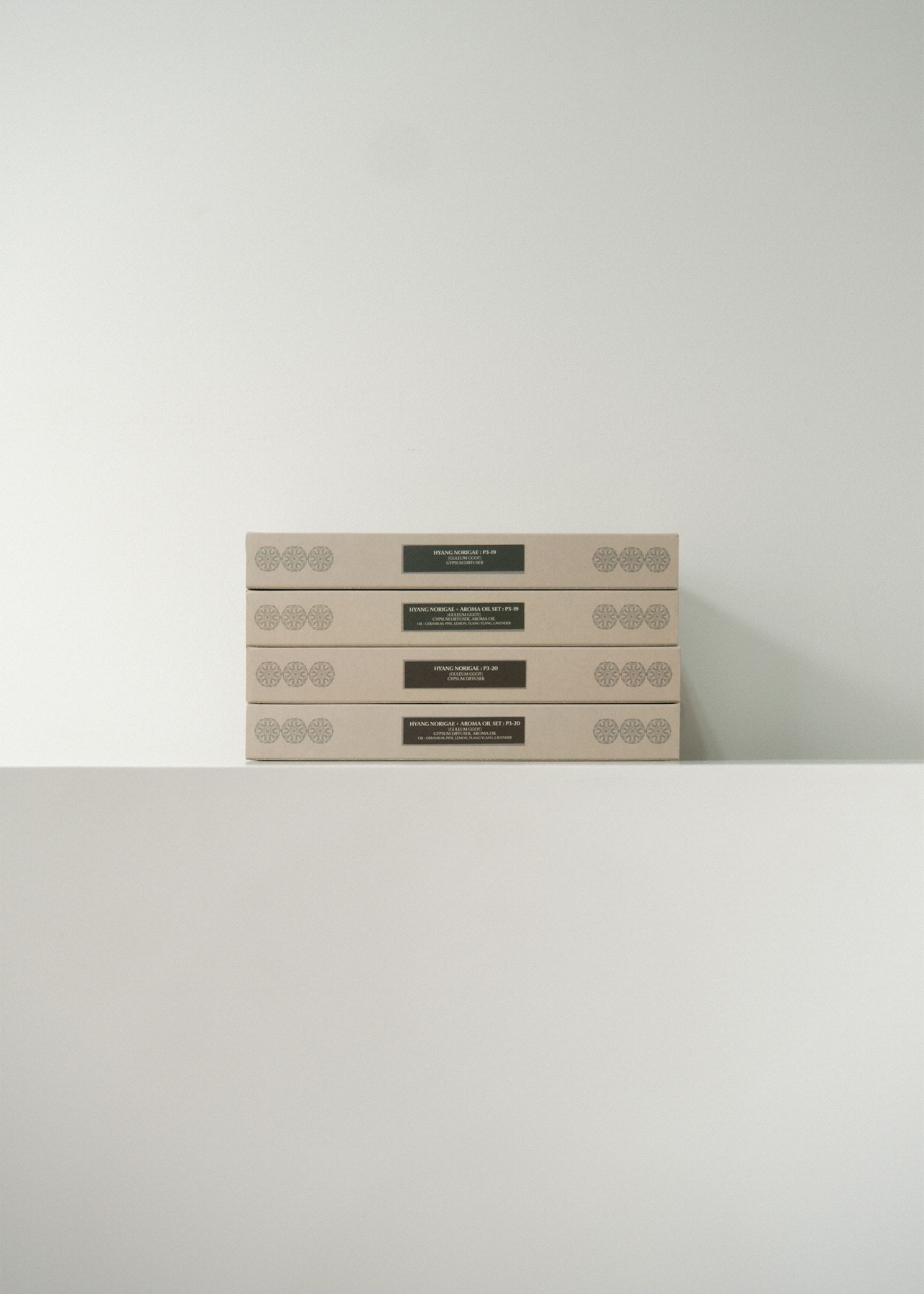 OUWR Hyang Norigae P3-19 and P3-20 gypsum diffuser and aroma oil set boxes, side labels