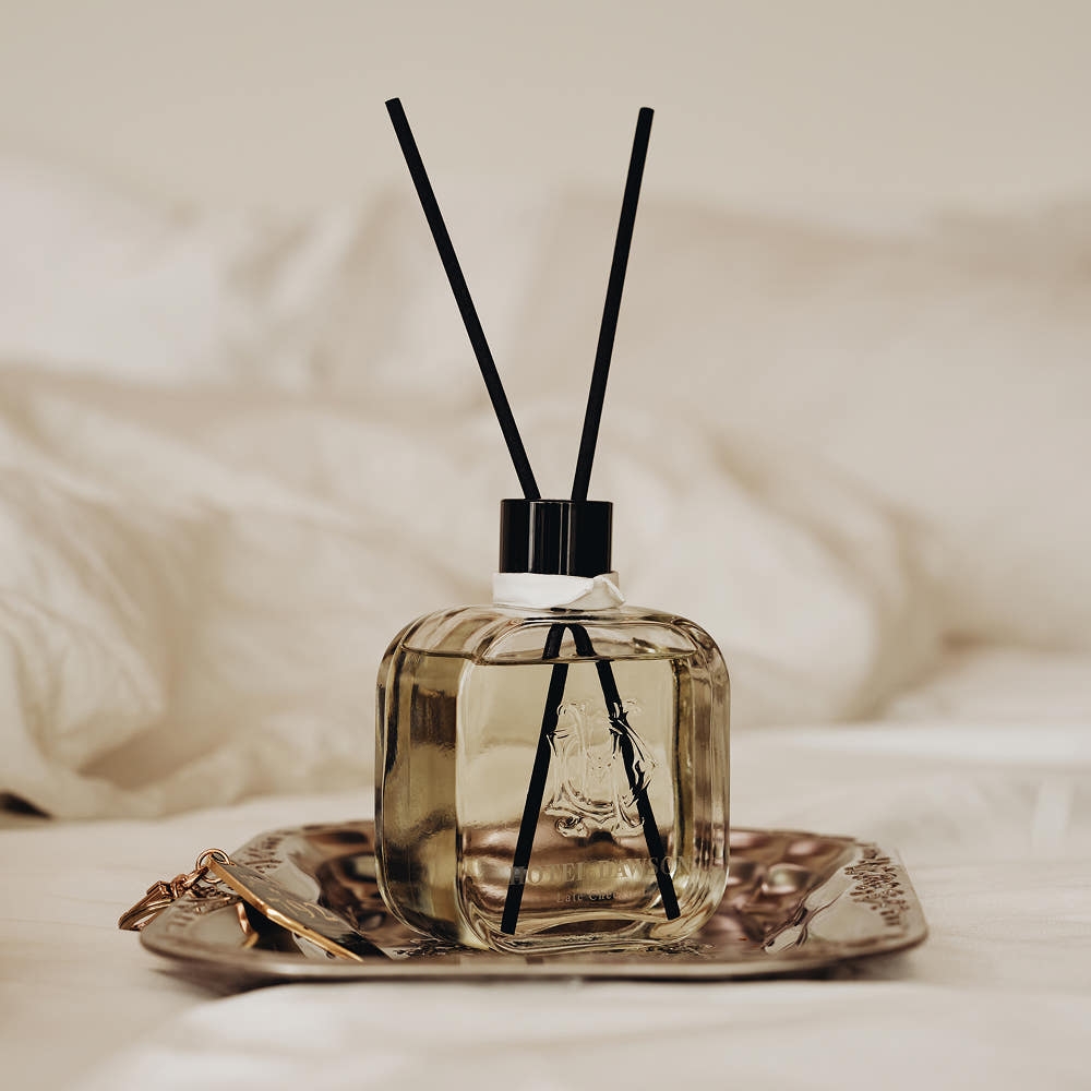 HOTEL DAWSON Late Checkout Diffuser 250ml with black reeds on a tray