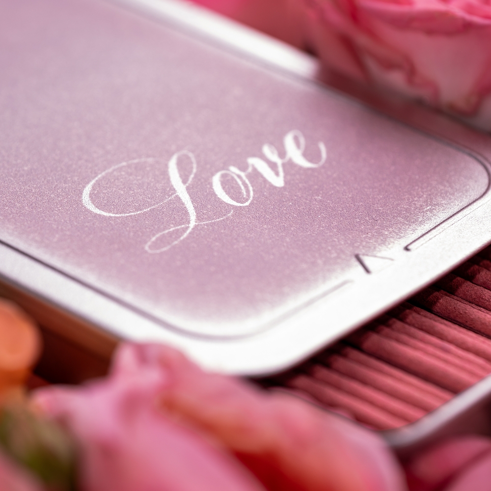 COLLINS LOVE EDITION Incense Sticks silver slide tin lid with Love lettering, pink sticks inside