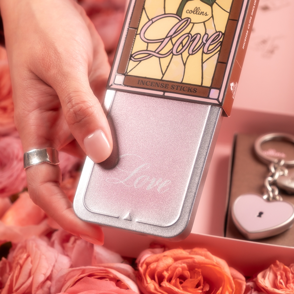 COLLINS LOVE EDITION Incense Sticks box and slide tin with heart keyring gift item