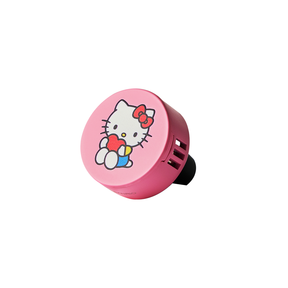 OHSCENT Hello Kitty Mini Heart Car Diffuser angled side view with air vent slots and clip