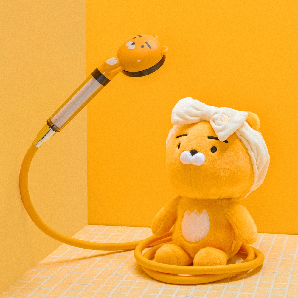 BATHTEM orange shower hose attached to character shower head, in-use bathroom set