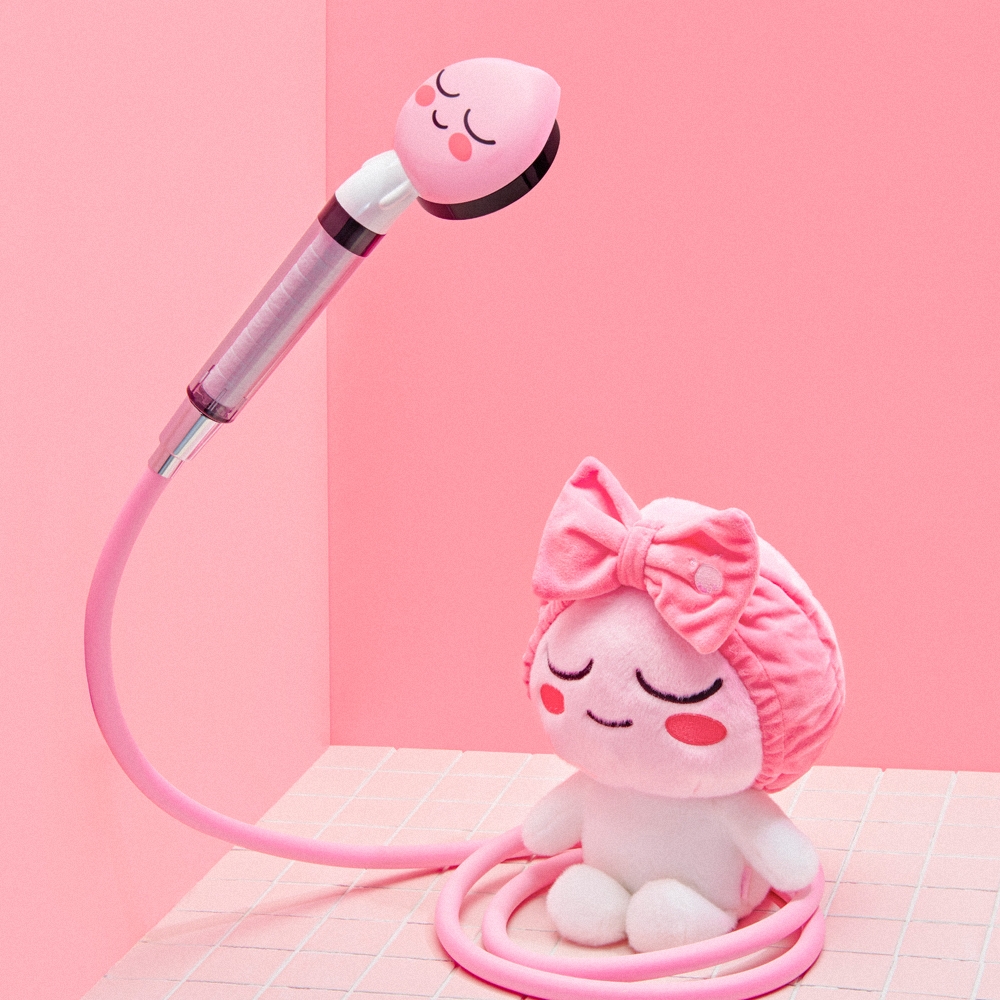BATHTEM pink shower hose attached to character shower head, in-use bathroom set