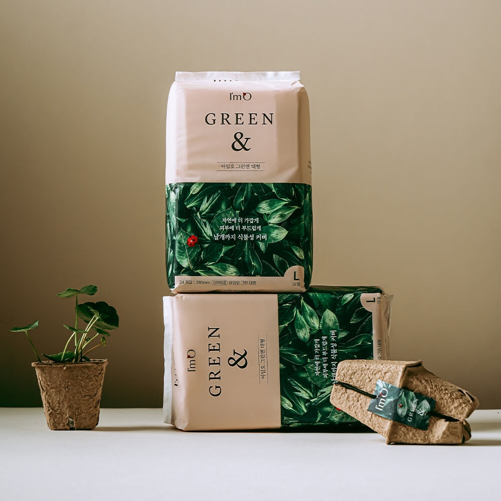 I'm O Green & Large 24-count 280mm sanitary pad packs with eco-friendly packaging