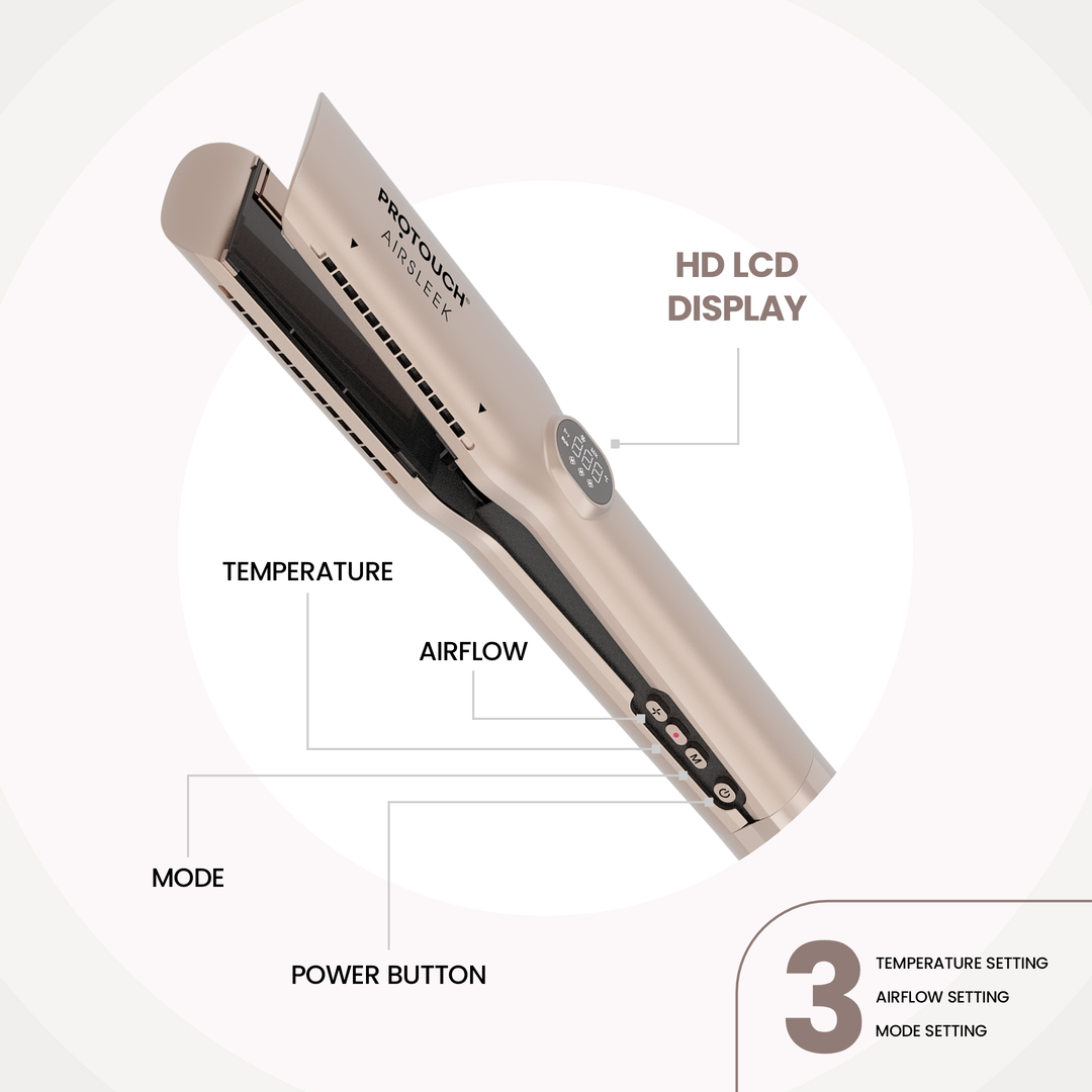 Protouch Air Sleek Hair Straightener HD LCD display and control buttons guide