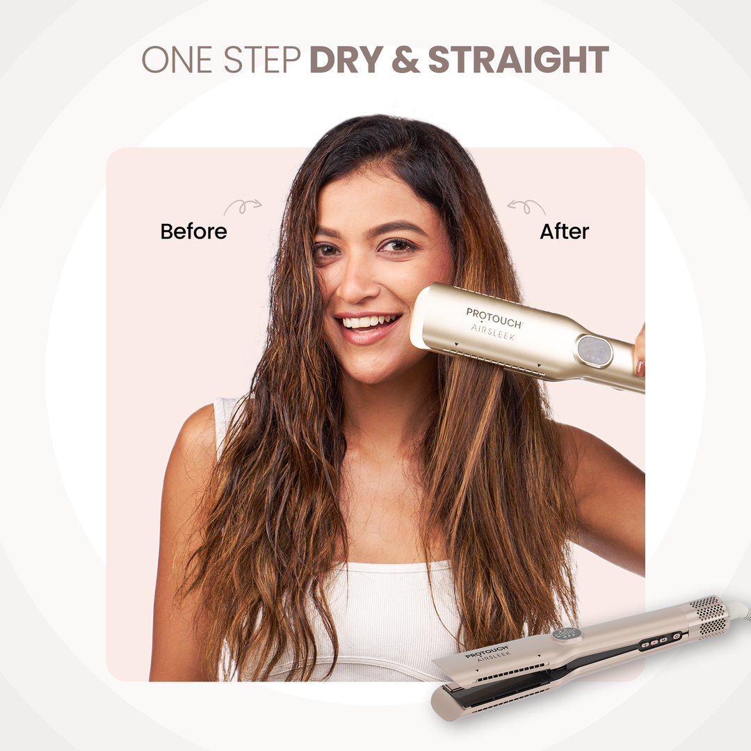 Protouch Air Sleek Hair Straightener before and after one-step dry and straight results