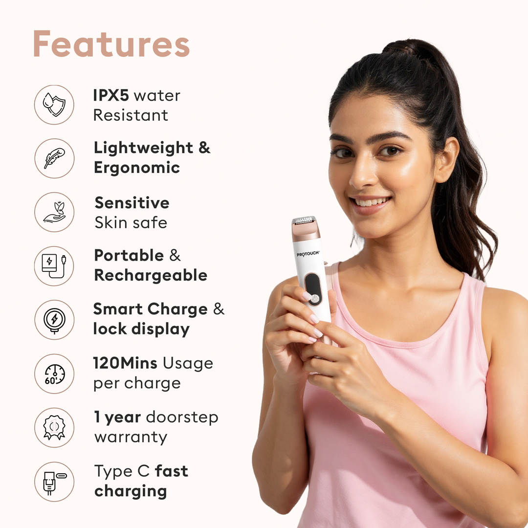 Protouch All Rounder Hair Trimmer & Epilator features, IPX5 water resistant, Type C rechargeable