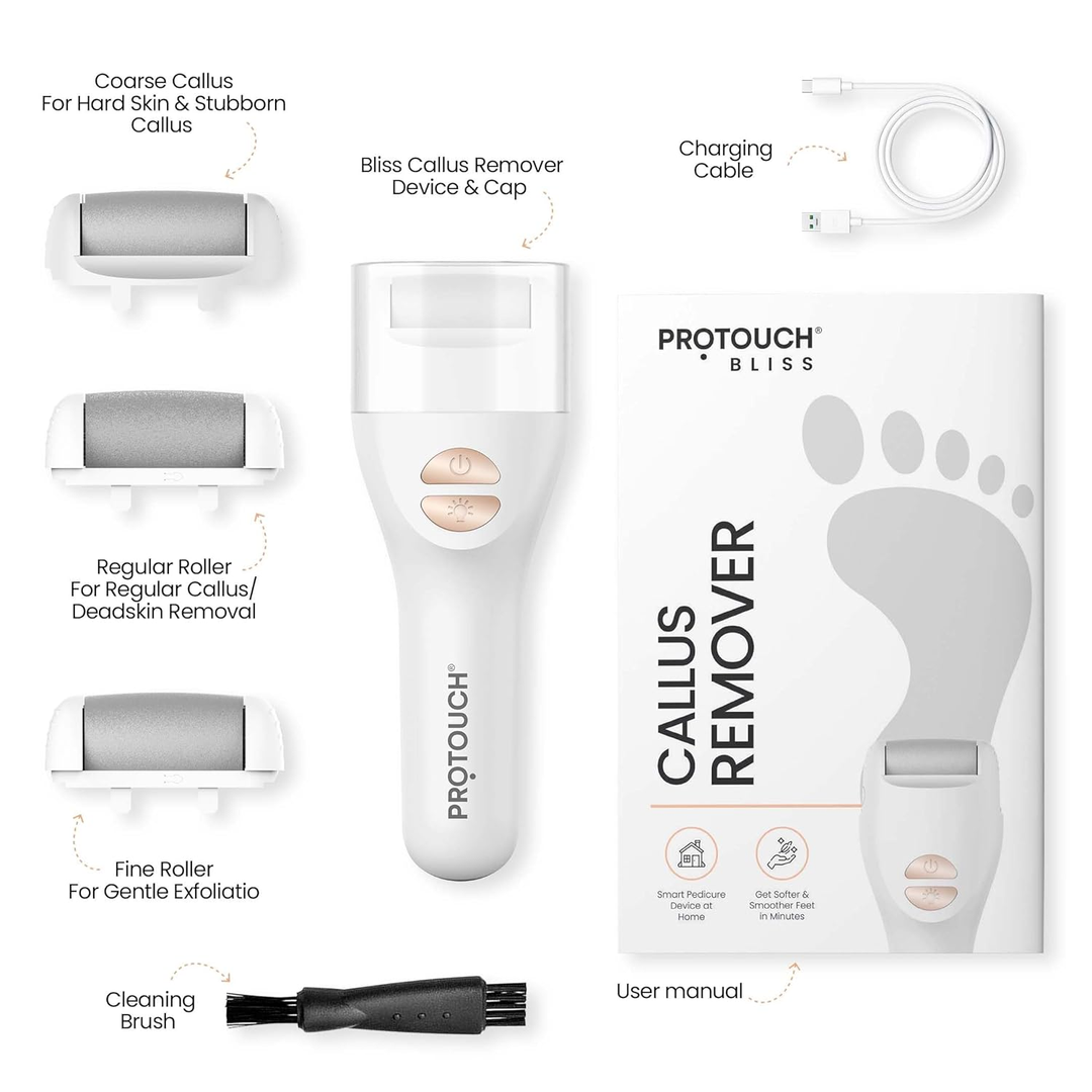 Protouch Bliss Callus Remover set contents with 3 rollers, charging cable, cleaning brush, manual