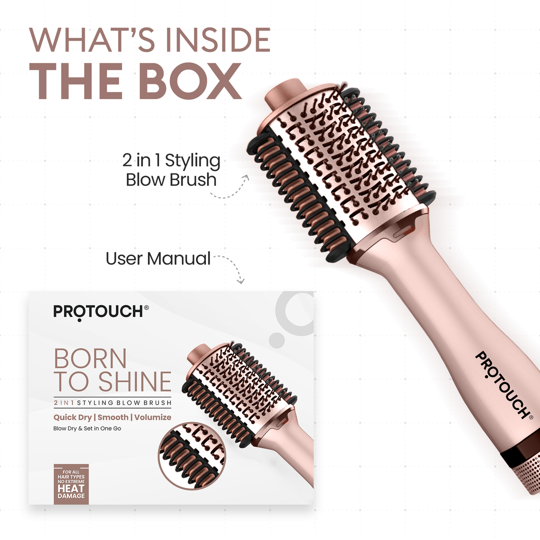 Protouch Born To Shine 2-in-1 Styling Blow Brush box contents with user manual