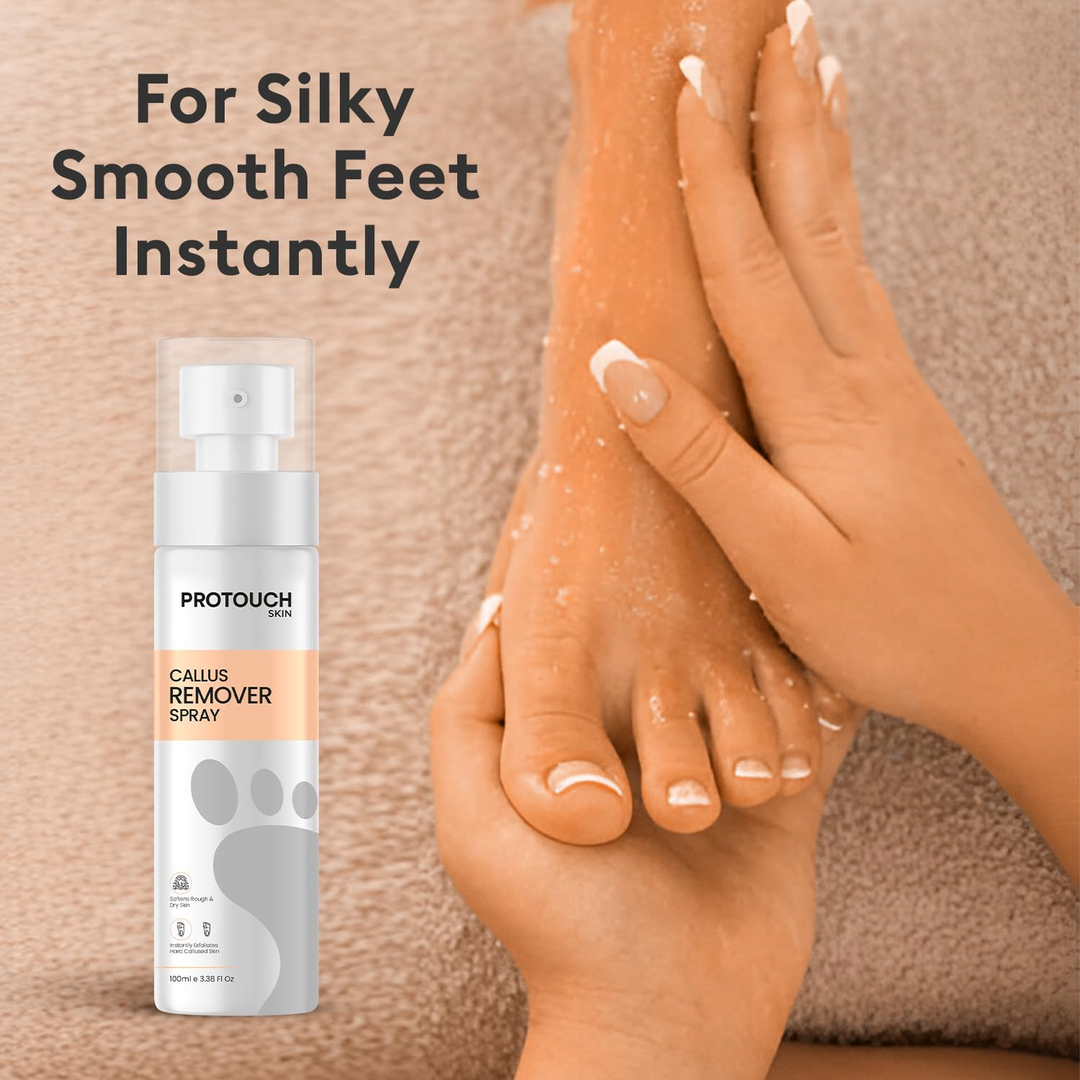 Protouch Callus Remover Spray 100ml for silky smooth feet, applied on foot