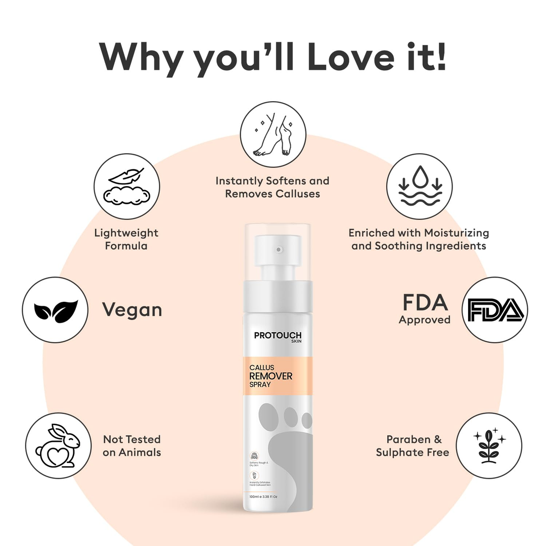 Protouch Callus Remover Spray 100ml key features: vegan, paraben and sulphate free, lightweight
