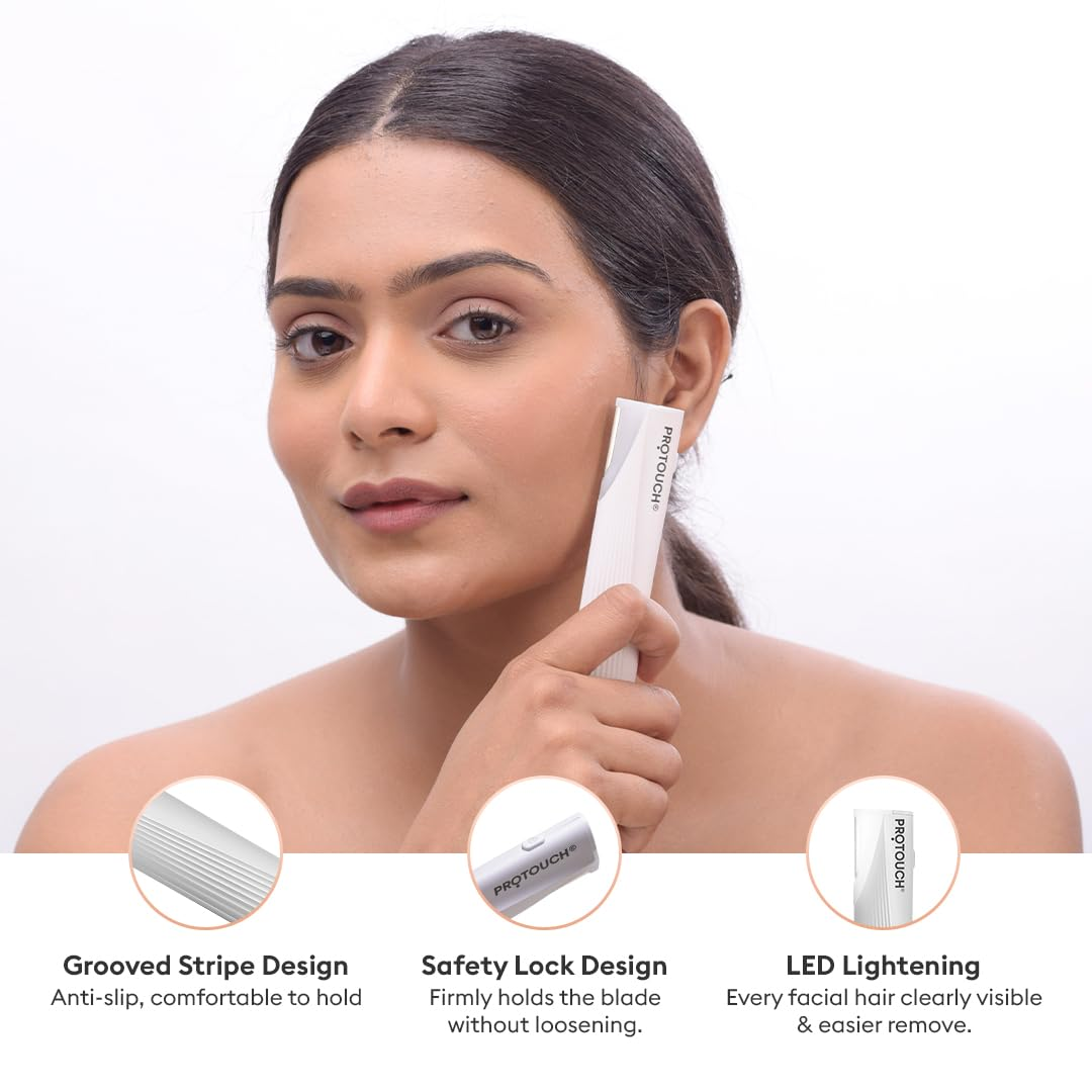 Protouch Dermaplaning Device on model with grooved grip, safety lock and LED light features