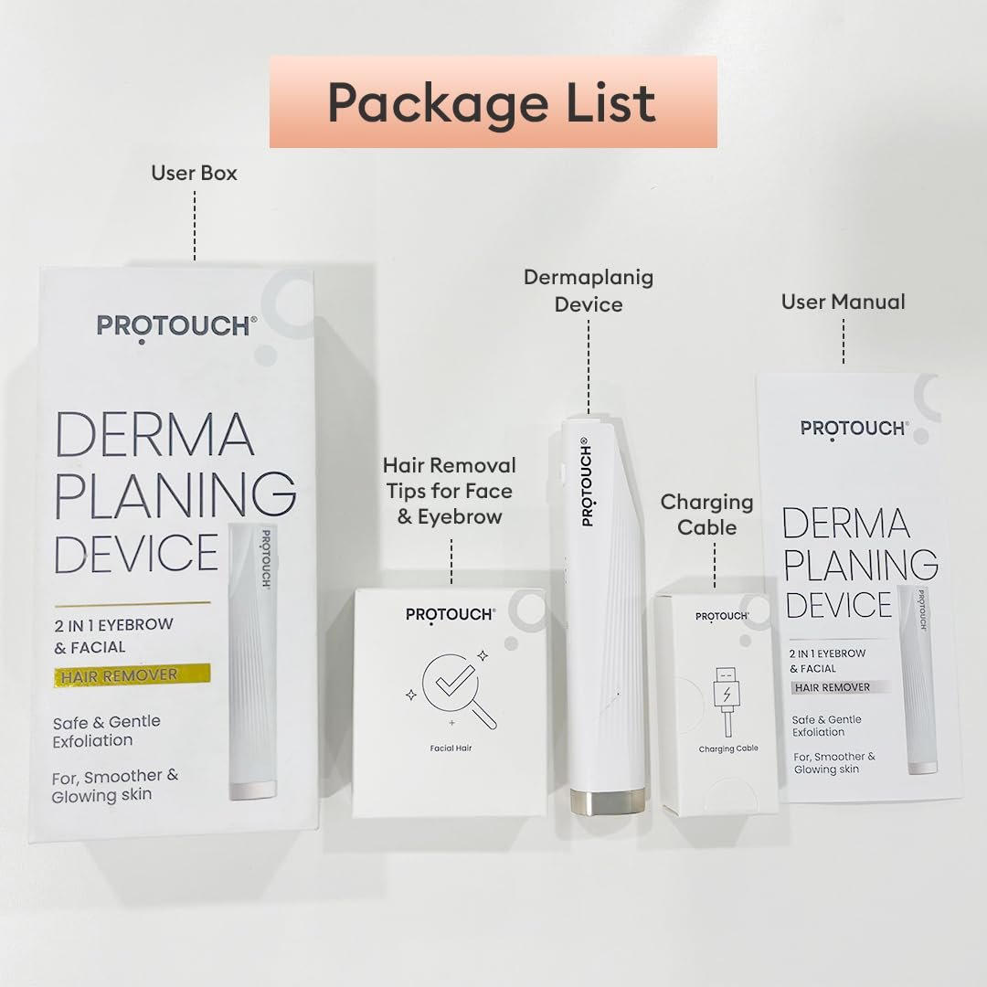 Protouch Dermaplaning Device 2-in-1 eyebrow and facial hair remover package list with tips, charging cable, manual