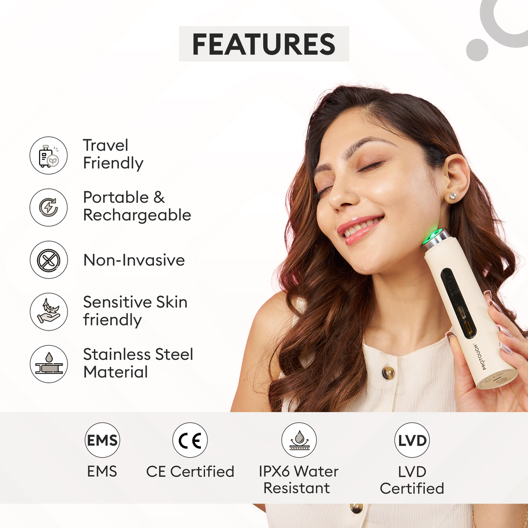 Protouch Glow Pro Microcurrent Facial Toning Device Etoupe features, CE certified, IPX6 water resistant