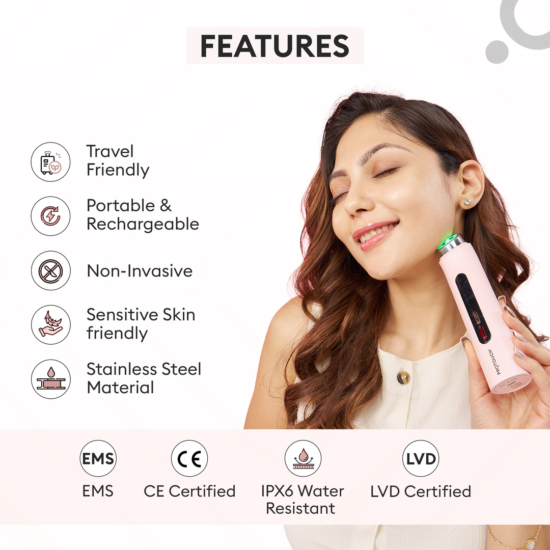 Protouch Glow Pro Microcurrent Facial Toning Device BLUSH features, IPX6 water resistant, CE certified