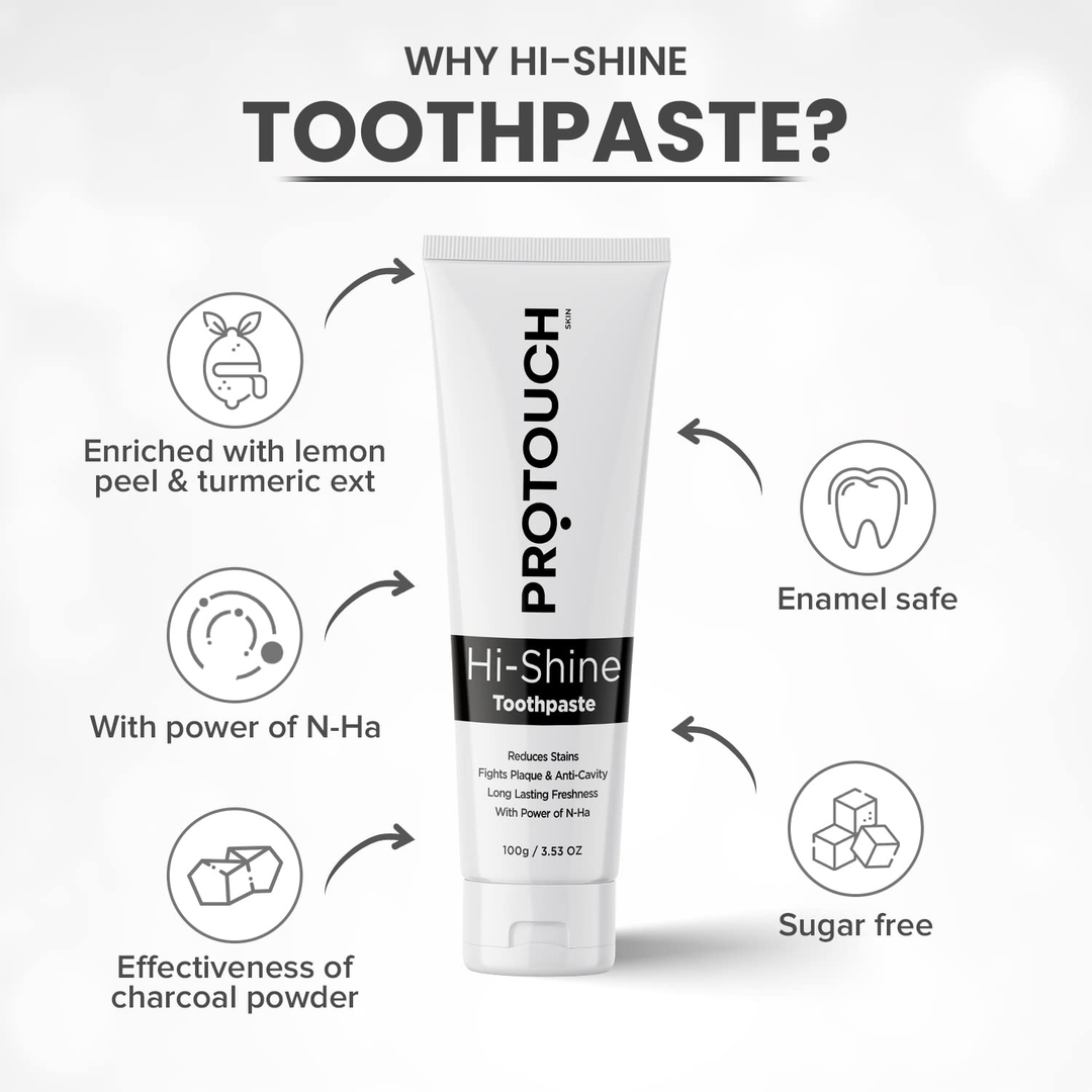 Protouch Hi-Shine Toothpaste 100g key features lemon peel turmeric N-Ha charcoal enamel safe sugar free