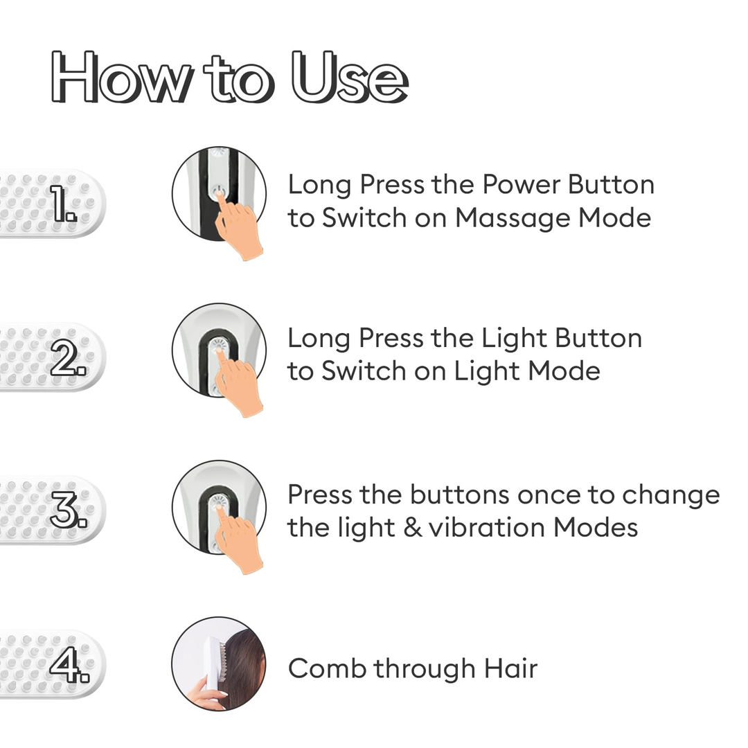 Protouch LED Hair Growth Therapy Comb how to use, 4-step power, light and mode buttons