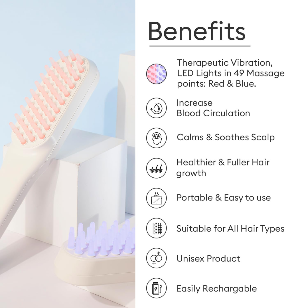 Protouch LED Hair Growth Therapy Comb benefits list, red and blue LED light with vibration