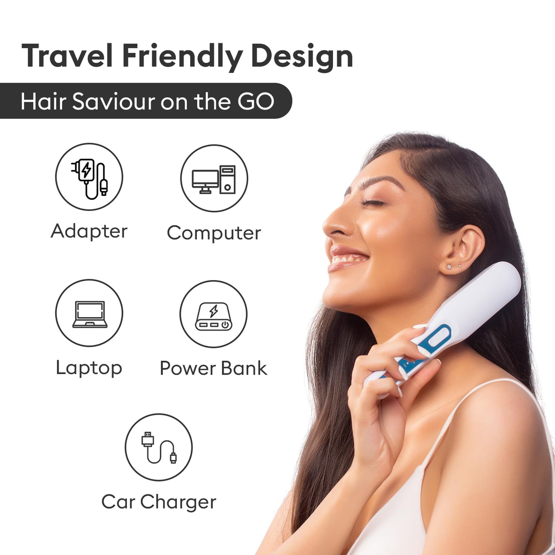 Protouch LED Hair Growth Therapy Comb travel friendly design, USB charging options on model